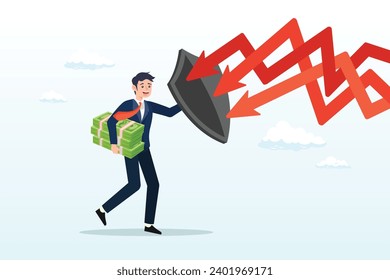 Businessman investor holding shield to protect from red arrow bow, future proof wealth management, inflation protection or protect from stock market crash, investment stock in market downturn (Vector)