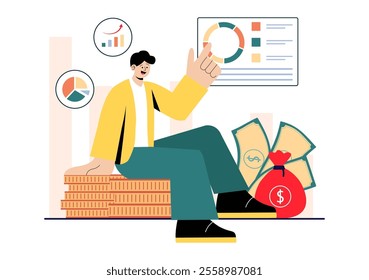 Businessman Investor Illustration featuring Mutual Funds, Assets, Economic Growth, Financial Gains, and Increased Earning Profits in a Background