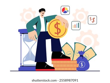 Businessman Investor Illustration featuring Mutual Funds, Assets, Economic Growth, Financial Gains, and Increased Earning Profits in a Background