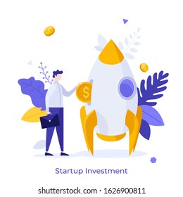 Businessman or investor inserting dollar coin into spaceship. Concept of startup investment, venture capital financing, financial support of innovative technologies, Modern flat vector illustration.