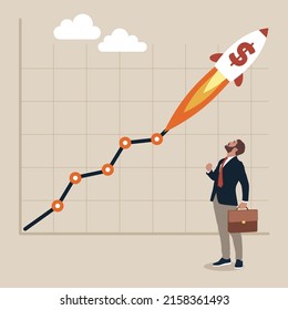 Businessman investor look at dollar sign rocket flying high on exchange chart. US Dollar value rising due to interest rate hike, exchange rate or financial report, economy or investment concept.