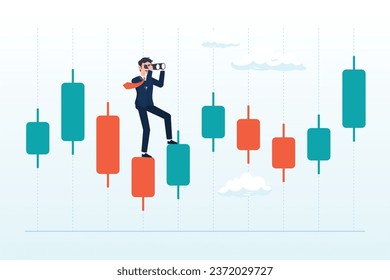 Businessman investor look on spyglass on trading candlestick chart, investment forecast or prediction, vision to see investing opportunity, future profit from stock and crypto trading (Vector) svg