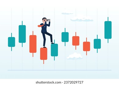 Businessman investor look on spyglass on trading candlestick chart, investment forecast or prediction, vision to see investing opportunity, future profit from stock and crypto trading (Vector)