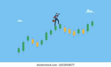 Businessman investor look through telescope on trading candlestick chart. Investment forecast or prediction, vision to see investing opportunity, future profit from stock and crypto trading.