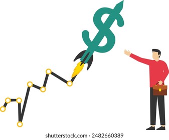 businessman investor looking at dollar sign rocket flying high on a stock chart. US Dollar value rises due to increases in interest rates, economic or investment concepts, exchange rates, or financial