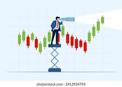 businessman investor looking through binoculars at trading candlestick chart. Investment estimation or prediction, concept of future profits in stock trading, vision of seeing investment opportunities svg