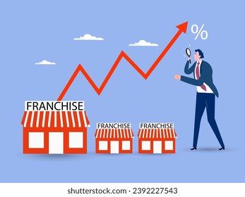 businessman investor with magnifying glass for small business or franchise branch expansion strategy of financial marketing planning concept. vector illustration.
