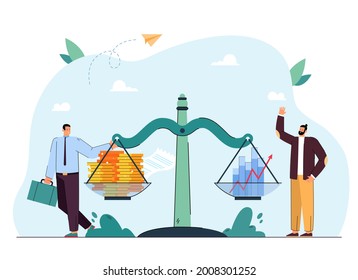 Businessman and investor next to money and graphs on scales. Men balancing coins and profit flat vector illustration. Investment, finances, economy concept for banner, website design or landing page