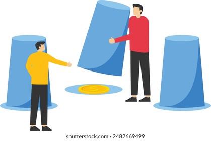 Businessman investor pointing to right cup with man opening it to reveal profit dollar coin money Gambling risk, winning game guessing or predicting investment concept.