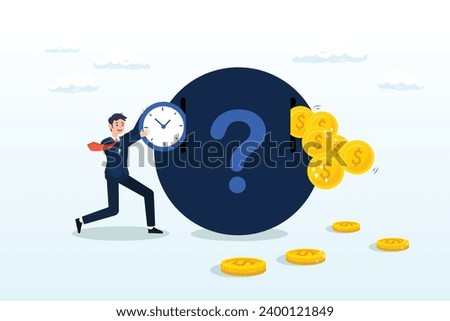 Businessman investor push clock in return of money coins, time investment to make money, side hustle or revenue income, long term investment, pension or mutual fund, time value of money (Vector)