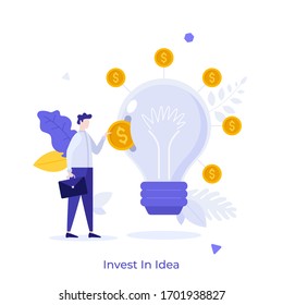 Businessman or investor putting dollar coin into slot in light bulb. Invest In Idea concept. Venture investment, startup funding, financing innovative technology. Modern flat vector illustration.