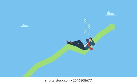 Empresário investidor relaxar e dormir em crescente gráfico. Investimento de sucesso ganhe mais lucro ou fácil crescente fundo mútuo de retorno, fazer dinheiro de negociação criptomoeda ou sonhar em ser rico.