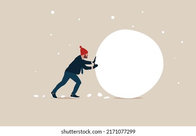 Businessman investor rolling large snowball build.  Snowball effect from small build up larger with potential risk, financial growth or mistake. 