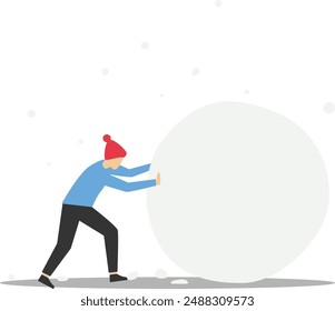 Inversor empresario rodando Grande bola de nieve. Efecto bola de nieve de la acumulación Pequeña con el riesgo potencial, el crecimiento financiero o el error Grande.

