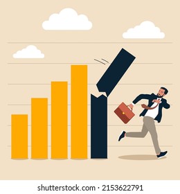 Businessman investor run away from collapsing graph. Economic recession from high inflation, stock market crash, crisis or depression, investment risk or price drop causing money loss concept.