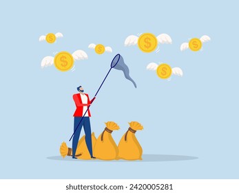 businessman investor run chasing try to catch high performance attractive dollar coin  