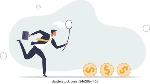 businessman investor run chasing try to catch high performance attractive dollar coin.flat vector illustration.