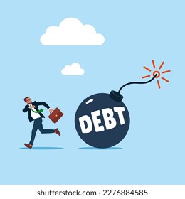Businessman investor running from exploding debt bomb. Stock market and crypto currency crisis, inflation. Flat vector illustration.