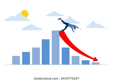 Unternehmer, die in der Börsenkurve rutschen, die auf den Boden fiel. Börsenkrach, fallende Preise, Rezession, Investitionsrisiko-Konzept, wirtschaftlicher Crash, Investitionsversagen oder -fehler.