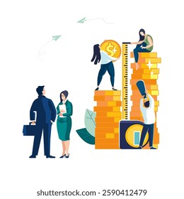 Businessman investor and team of female workers using measuring tape to measure height of stack of money gold dollar coins, cents, ROI, wealth monitoring, financial goal, people. Vector illustration