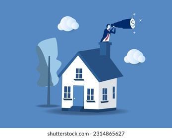 businessman investor with telescope climb up house chimney to see vision. Real estate and housing investment opportunity, property growth forecast or vision, future mortgage or Reit profit concept.