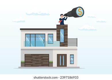 Businessman investor with telescope climb up house chimney to see vision, real estate and housing investment opportunity, property growth forecast or vision, future mortgage or Reit profit (Vector)