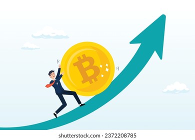 Businessman investor trying hard to push bitcoin up rising up arrow graph and chart, Bitcoin and crypto price rising up, soaring, price increase, crypto currency value growth, mass adoption (Vector) svg