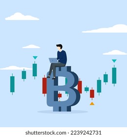 businessman investor using computer to trade crypto in big Bitcoin with candlestick price chart chart, Bitcoin and cryptocurrency investment, crypto trading make profit and income from Bitcoin price. svg