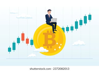 Businessman investor using computer to trade crypto on big Bitcoin with candlestick price graph chart, cryptocurrency investing, crypto trading make profit and earning from Bitcoin price (Vector) svg