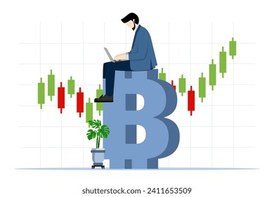 businessman investor using computer to trade crypto in large Bitcoin with candlestick price charts, Bitcoin and cryptocurrency investment, crypto trading generate profits and income from Bitcoin price svg