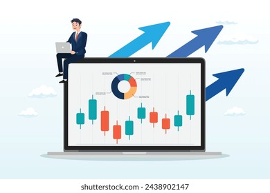 Businessman investor using laptop to trade graph, stock trading or crypto currency investing, technical analysis for investment, financial graph and chart, stock market or currency exchange (Vector)