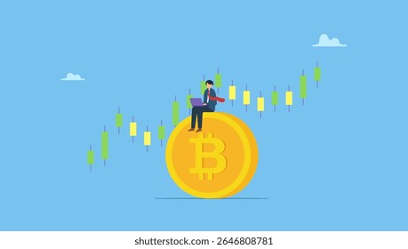 Businessman investor using laptop to trade crypto on big bitcoin with candlestick price graph chart. Bitcoin and cryptocurrency investing, crypto trading make profit and earning from Bitcoin price.