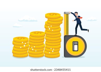Businessman investor using measuring tape to measure money coins stack height, investment measurement or benchmark, ROI, return on investment, wealth monitoring with financial goal or target (Vector)