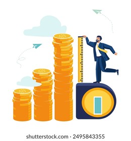 Businessman investor using measuring tape to measure height of stack of money gold dollar coins, ROI benchmark, return on investment, wealth monitoring, financial purpose, people. Vector illustration