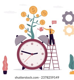 Businessman investor watering money tree on watches. Increasing income or savings. Dependence of conditions for investing deposit and receiving payments, growth of profit from investments. flat vector