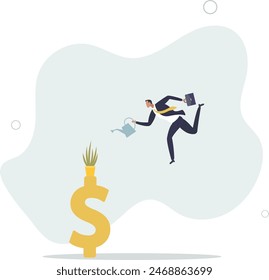 businessman investor watering sprout or seedling plant growing from golden dollar sign.flat vector illustration.