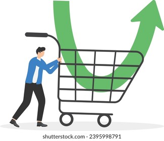 Businessman investors buy stock with a down arrow graph in a shopping cart. Purchase stock when price drops. Make profit from market collapse. Modern vector illustration in flat style.

 svg