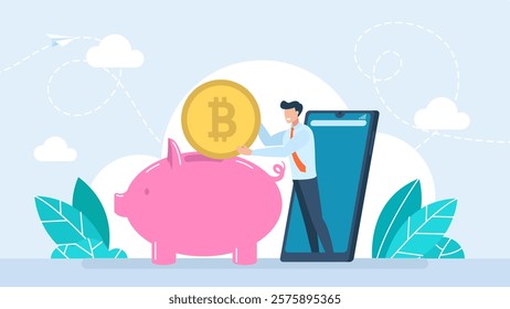 Businessman invests in bitcoin. Male trader puts coin in piggy bank. Online bank deposit. Growth of bitcoin rate, earnings on cryptocurrency. Mobile trading technology. Vector illustration