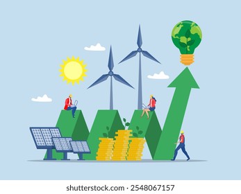 Businessman invests in clean and green city energy.  Solar panel and windmills ,Saving money and nature ESG or ecology problem concept modern flat vector illustration 