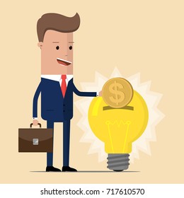 Businessman invests money in an idea. Smart investment flat design concept . Idea attracts money. Vector illustration