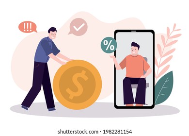 Businessman invests money at interest. Online clerk provides interest rate to client. Concept of banking and investment. Male character rolls large coin. Finance management. Flat vector illustration