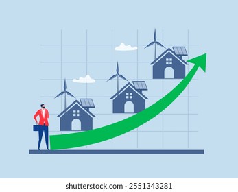 Empresario invierte en energía renovable Eco House, energía verde. Molinos de viento y casa con paneles solares ilustrador de Vector