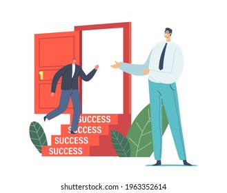 Businessman Invite another Business Man Character in Formal Suit to Enter Open Door with Stairs to Success. New Work Opportunity, Challenge, Career Boost, Hiring Concept. Cartoon Vector Illustration