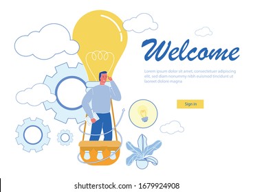 Businessman Invites Clients or Customers. Creative Idea, Creativity and Inspiration Symbols Background. Business Startup, Welcoming to New open Company, Marketing Promotion. Flat Vector Illustration.