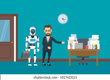 businessman invites a robot to his work place