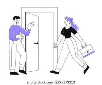 Businessman invites woman. Young guy stands near open door next to young girl with briefcase. Employer with employee, HR manager. Recruitment and headhunting. Cartoon flat vector illustration