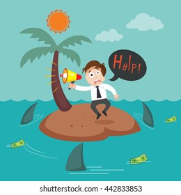 Businessman in Island using megaphone with word help, vector illustration cartoon