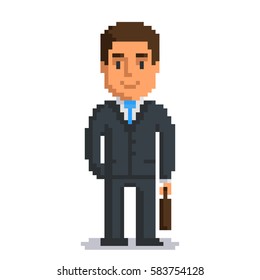 Businessman Isolated On White Background. Office Man With Suitcase Pixel Game Style Illustration. Worker Vector Pixel Art Design. Funny 8 Bit People Character Icon. 