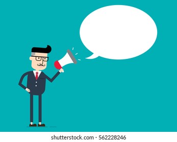 Businessman isolated on white shouts in loudspeaker.