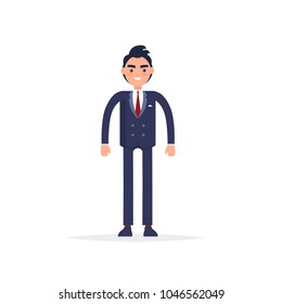 Businessman isolated vector picture in flat design. Smiling male person standing and wearing dark suit and shoes, with white shirt and red tie over white. Business fashion concept illustration